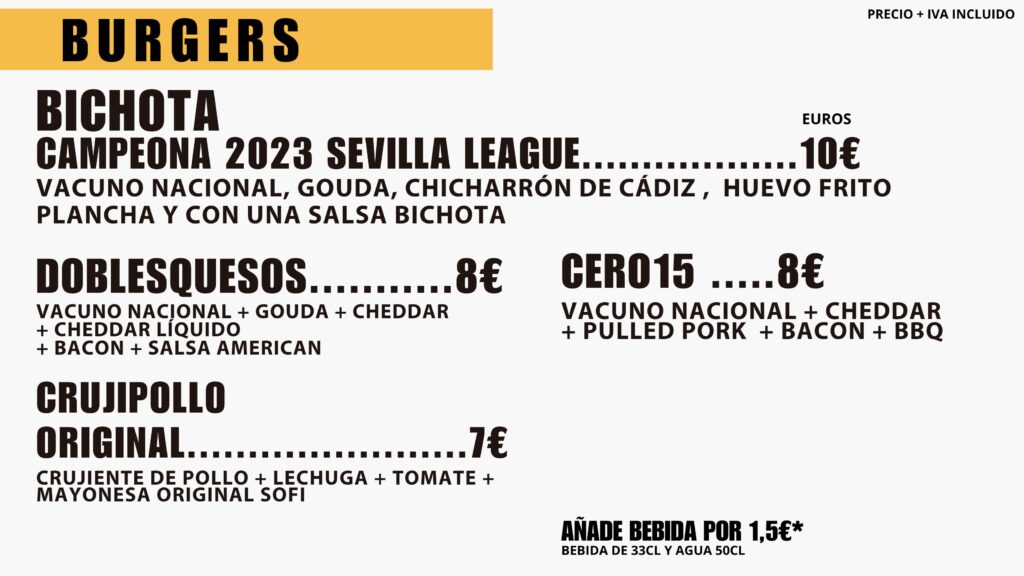 CARTA BURGER DE SOFI PINOMONTANO , SEVILLA